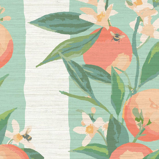 Load image into Gallery viewer, Grasscloth wallpaper Natural Textured Eco-Friendly Non-toxic High-quality  Sustainable Interior Design Bold Custom Tailor-made Retro chic Bold garden tropical preppy classic stripe vertical  peach fuzz georgia fruit bees florals botanical cottage kitchen restaurant breakfast nook soft mint green cream stripe
