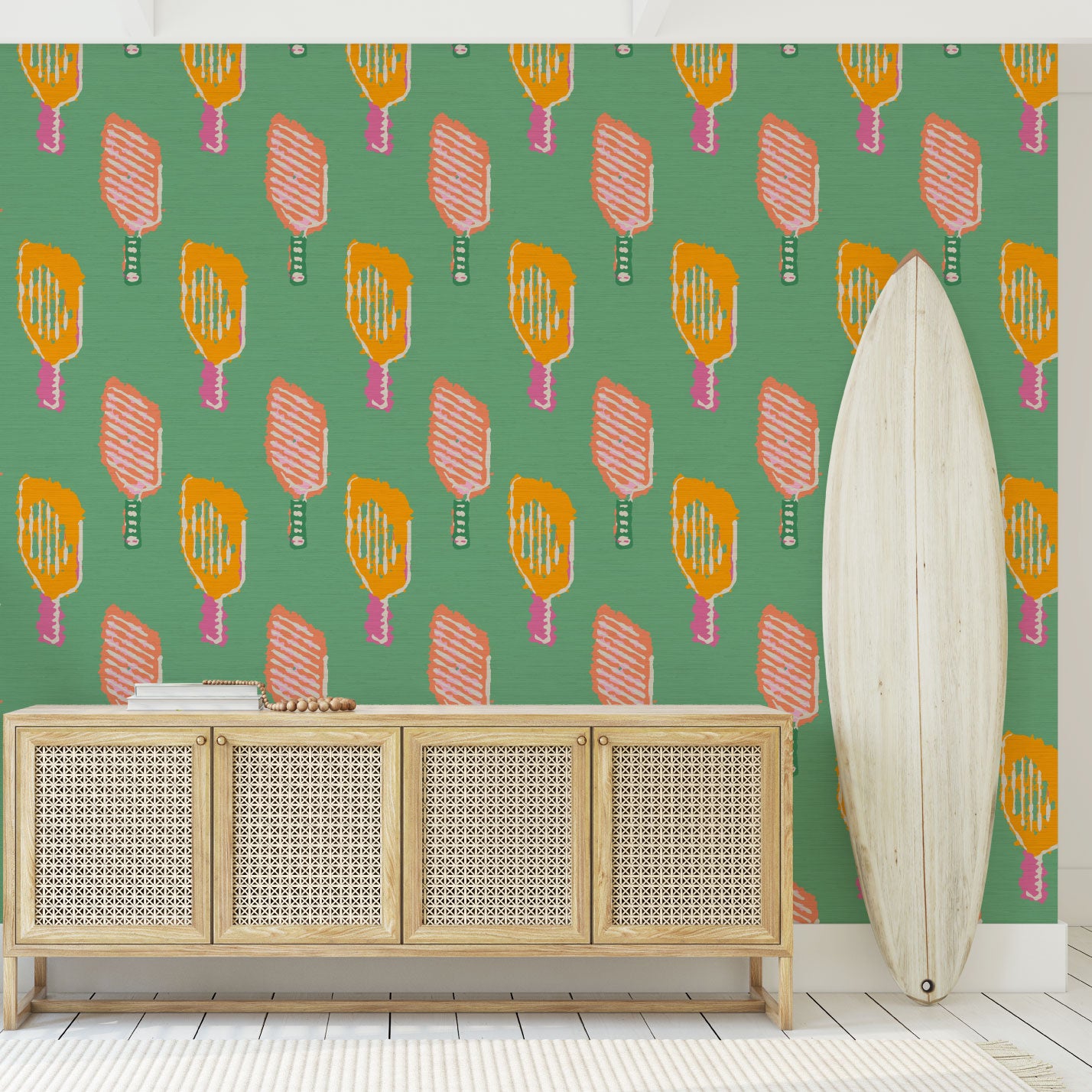 Grasscloth wallpaper Natural Textured Eco-Friendly Non-toxic High-quality  Sustainable Interior Design Bold Custom Tailor-made Retro chic Bold tropical sport pickleball kids gameroom kid green pink orange tangerine