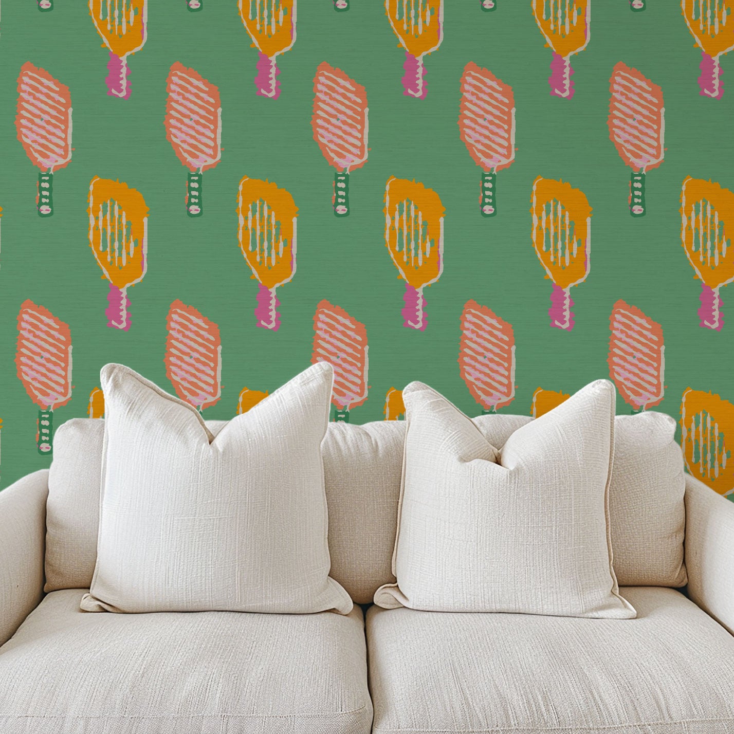 Grasscloth wallpaper Natural Textured Eco-Friendly Non-toxic High-quality  Sustainable Interior Design Bold Custom Tailor-made Retro chic Bold tropical sport pickleball kids gameroom kid green pink orange tangerine