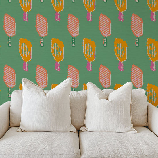 Grasscloth wallpaper Natural Textured Eco-Friendly Non-toxic High-quality  Sustainable Interior Design Bold Custom Tailor-made Retro chic Bold tropical sport pickleball kids gameroom kid green pink orange tangerine