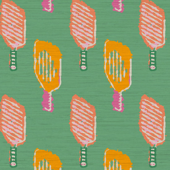 Grasscloth wallpaper Natural Textured Eco-Friendly Non-toxic High-quality  Sustainable Interior Design Bold Custom Tailor-made Retro chic Bold tropical sport pickleball kids gameroom kid green pink orange tangerine