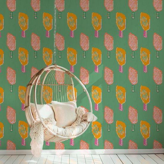 wallpaper Natural Textured Eco-Friendly Non-toxic High-quality  Sustainable Interior Design Bold Custom Tailor-made Retro chic Bold tropical sport pickleball kids gameroom kid green pink orange tangerine paper weave