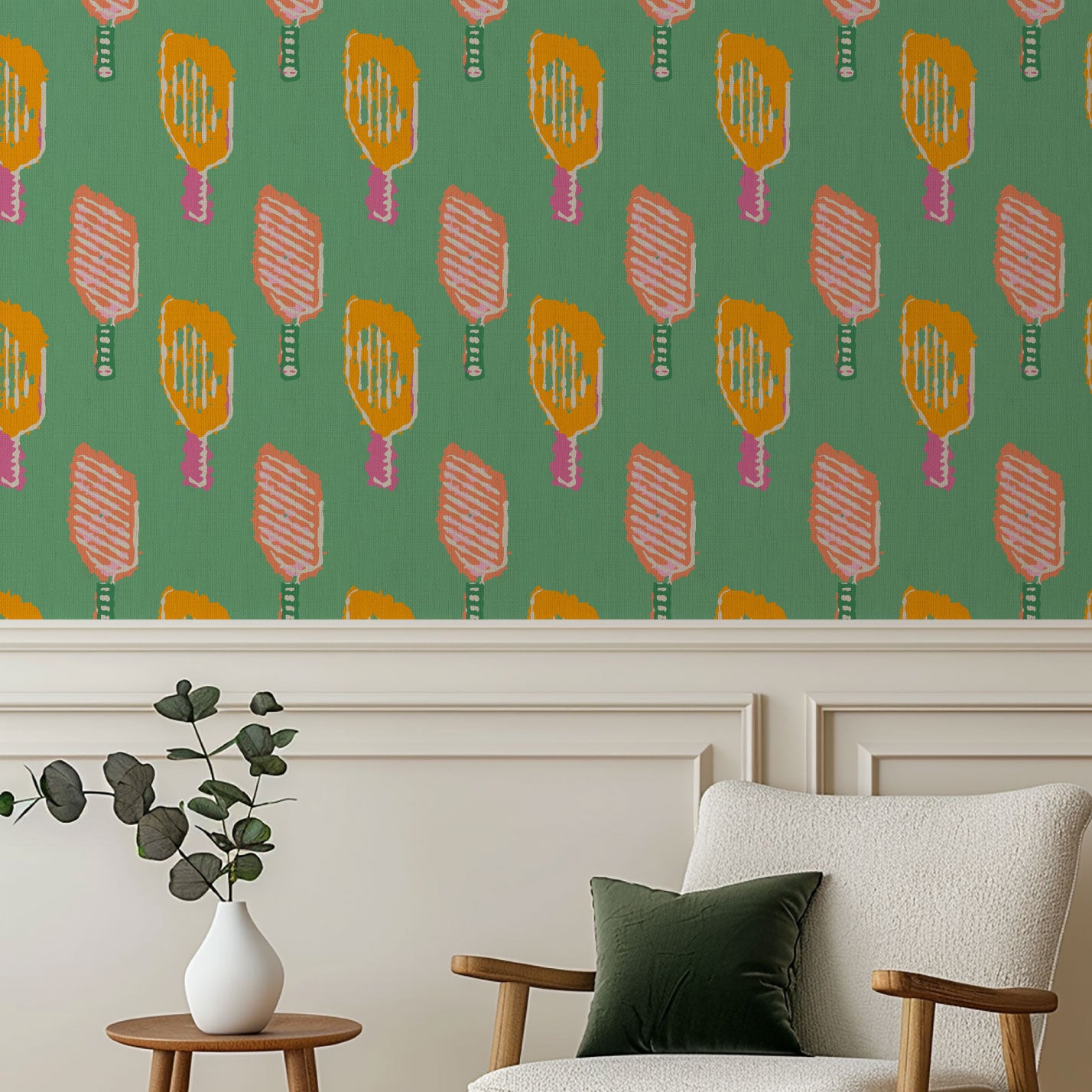 wallpaper Natural Textured Eco-Friendly Non-toxic High-quality  Sustainable Interior Design Bold Custom Tailor-made Retro chic Bold tropical sport pickleball kids gameroom kid green pink orange tangerine paper weave