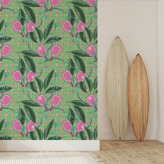 Load image into Gallery viewer, Grasscloth wallpaper Natural Textured Eco-Friendly Non-toxic High-quality  Sustainable Interior Design Bold Custom Tailor-made Retro chic Bold tropical coastal sport pickleball palm leaf kids game gameroom garden botanical Vacation home styling Retreat Relaxed beach vibes pink paddles preppy living room entrance foyer surf

