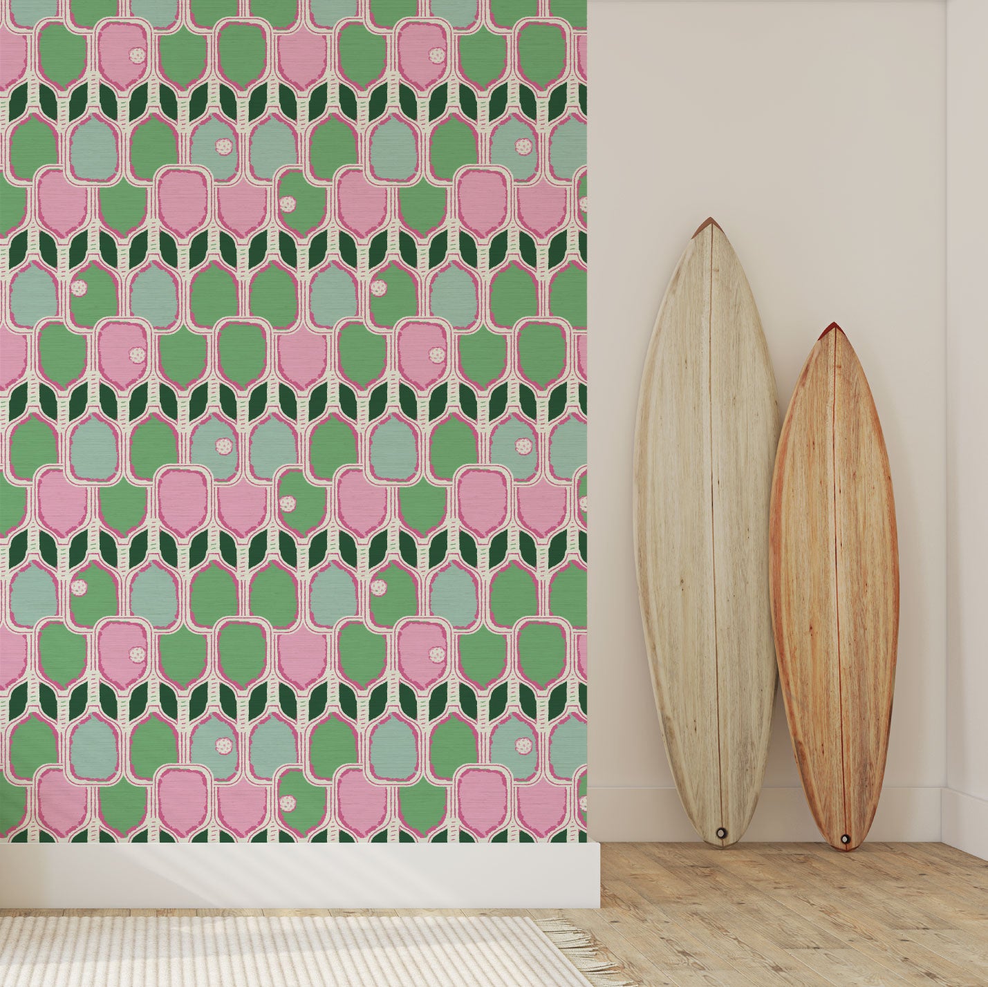Grasscloth wallpaper Natural Textured Eco-Friendly Non-toxic High-quality Sustainable Interior Design Bold Custom Tailor-made Retro chic Tropical Jungle Coastal Cabana preppy Pickleball Sport gameroom kids stripe horizontal palm trees paddle pink hot pink kelly green mint teal foyer entrance surf