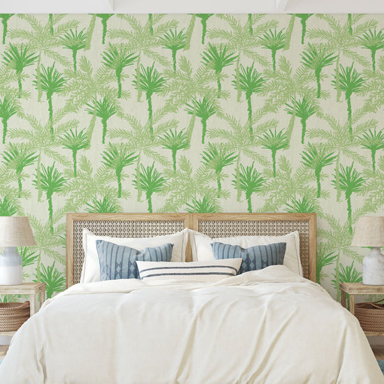 wallpaper Natural Textured Eco-Friendly Non-toxic High-quality Sustainable Interior Design Bold Custom Tailor-made Retro chic Tropical Jungle Coastal Garden Seaside Coastal Seashore Waterfront Vacation home styling Retreat Relaxed beach vibes Beach cottage Shoreline Oceanfront nature palm tree palms tonal cream off-white beige green jungle mint sage paperweave paper weave