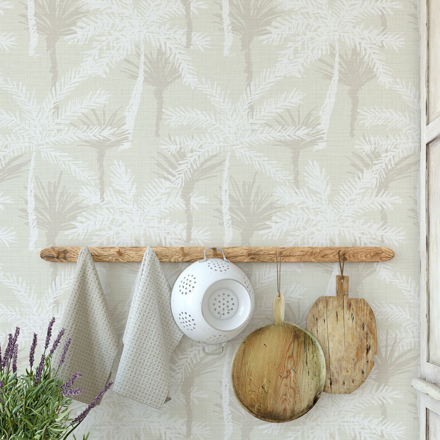 Pine Valley Palm Tree Textured Performance Vinyl Wallpaper in Sand Castle Beige