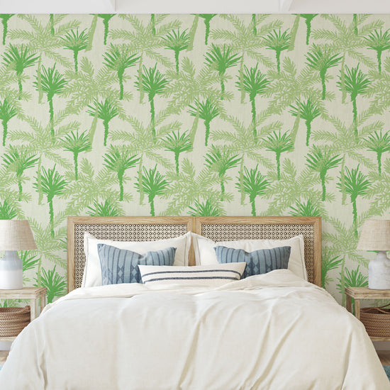 wallpaper Natural Textured Eco-Friendly Non-toxic High-quality Sustainable Interior Design Bold Custom Tailor-made Retro chic Tropical Jungle Coastal Garden Seaside Coastal Seashore Waterfront Vacation home styling Retreat Relaxed beach vibes Beach cottage Shoreline Oceanfront nature palm tree palms tonal cream off-white beige green jungle mint sage paperweave paper weave bedroom