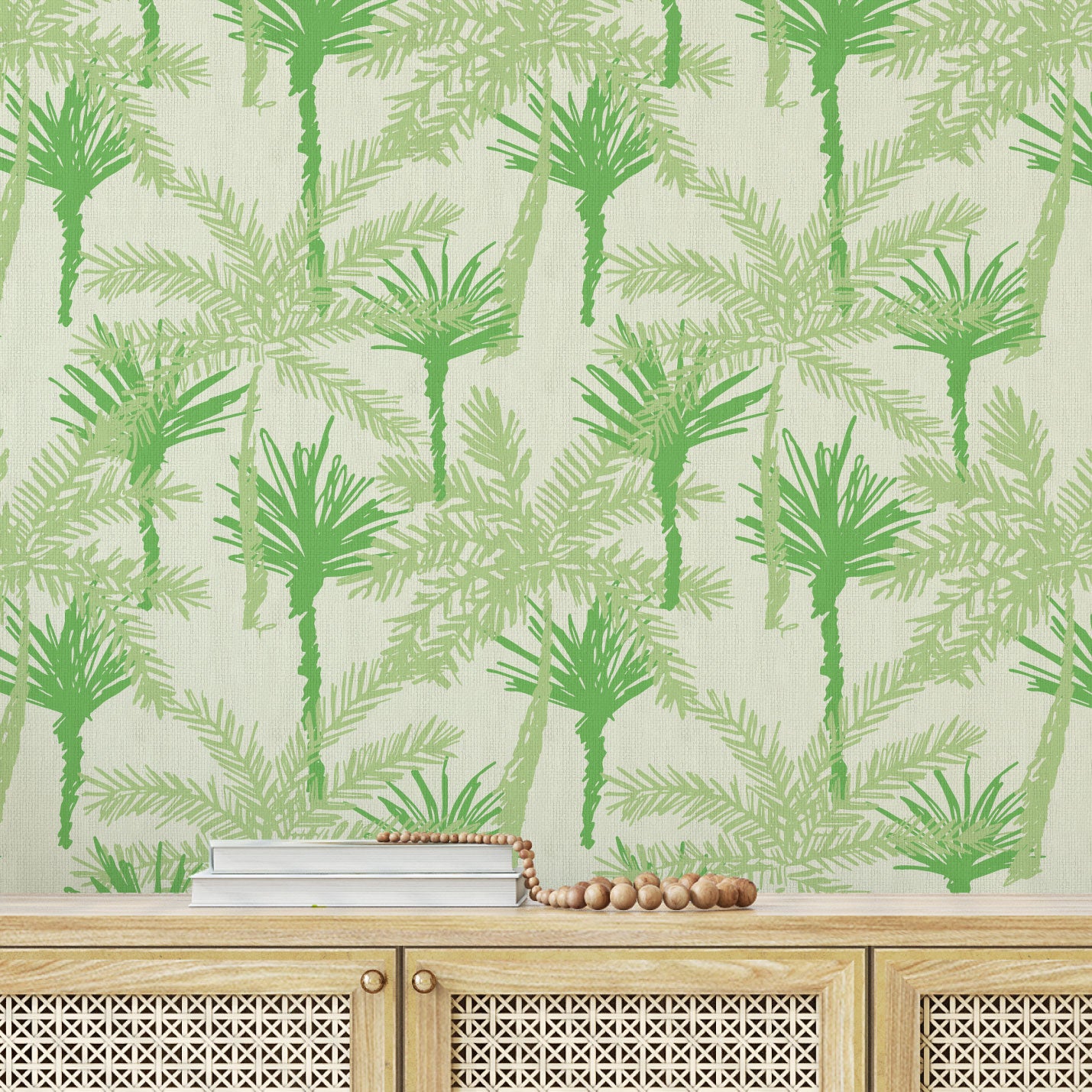 wallpaper Natural Textured Eco-Friendly Non-toxic High-quality Sustainable Interior Design Bold Custom Tailor-made Retro chic Tropical Jungle Coastal Garden Seaside Coastal Seashore Waterfront Vacation home styling Retreat Relaxed beach vibes Beach cottage Shoreline Oceanfront nature palm tree palms tonal cream off-white beige green jungle mint sage paperweave paper weave dresser console