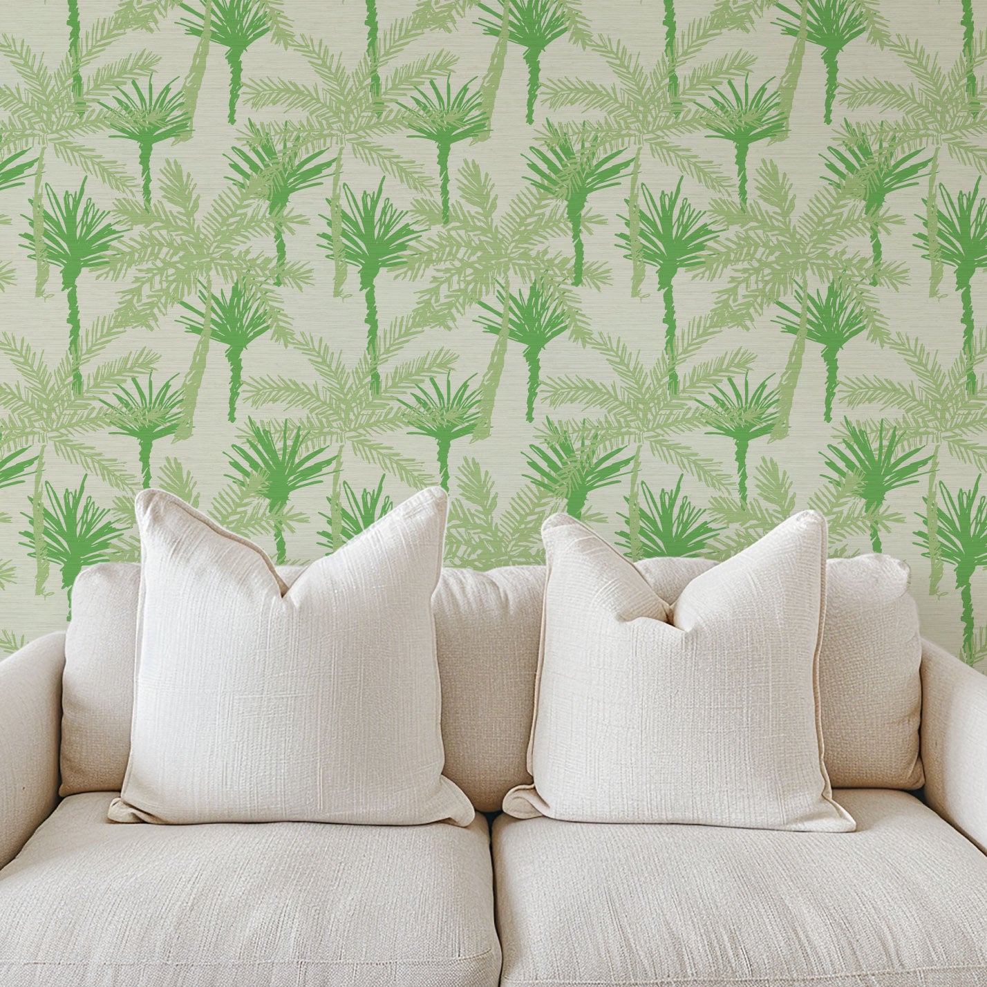 Grasscloth wallpaper Natural Textured Eco-Friendly Non-toxic High-quality Sustainable Interior Design Bold Custom Tailor-made Retro chic Tropical Jungle Coastal Garden Seaside Coastal Seashore Waterfront Vacation home styling Retreat Relaxed beach vibes Beach cottage Shoreline Oceanfront nature palm tree palms tonal cream off-white beige green jungle mint sage