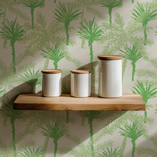 Pine Valley Palm Tree Textured Performance Vinyl Wallpaper in Sayonara Sage Green