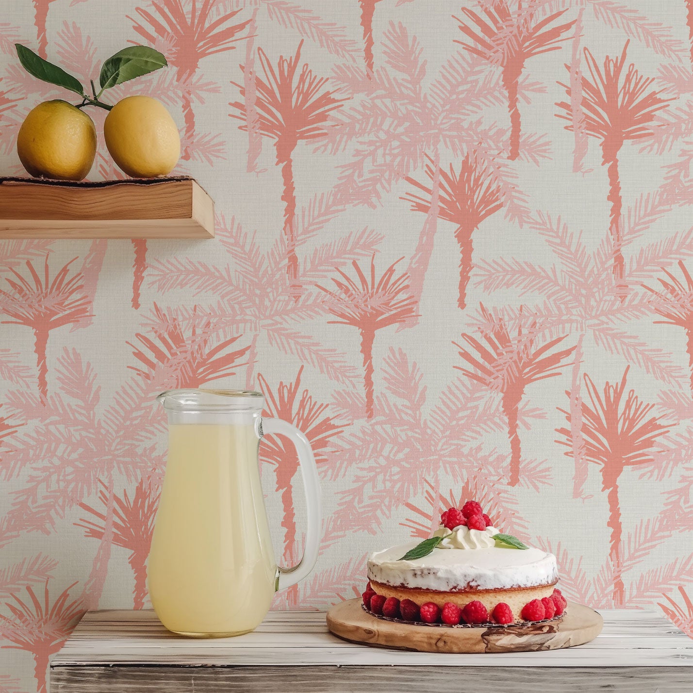 Pine Valley Palm Tree Textured Performance Vinyl Wallpaper in Strawberry Shortcake