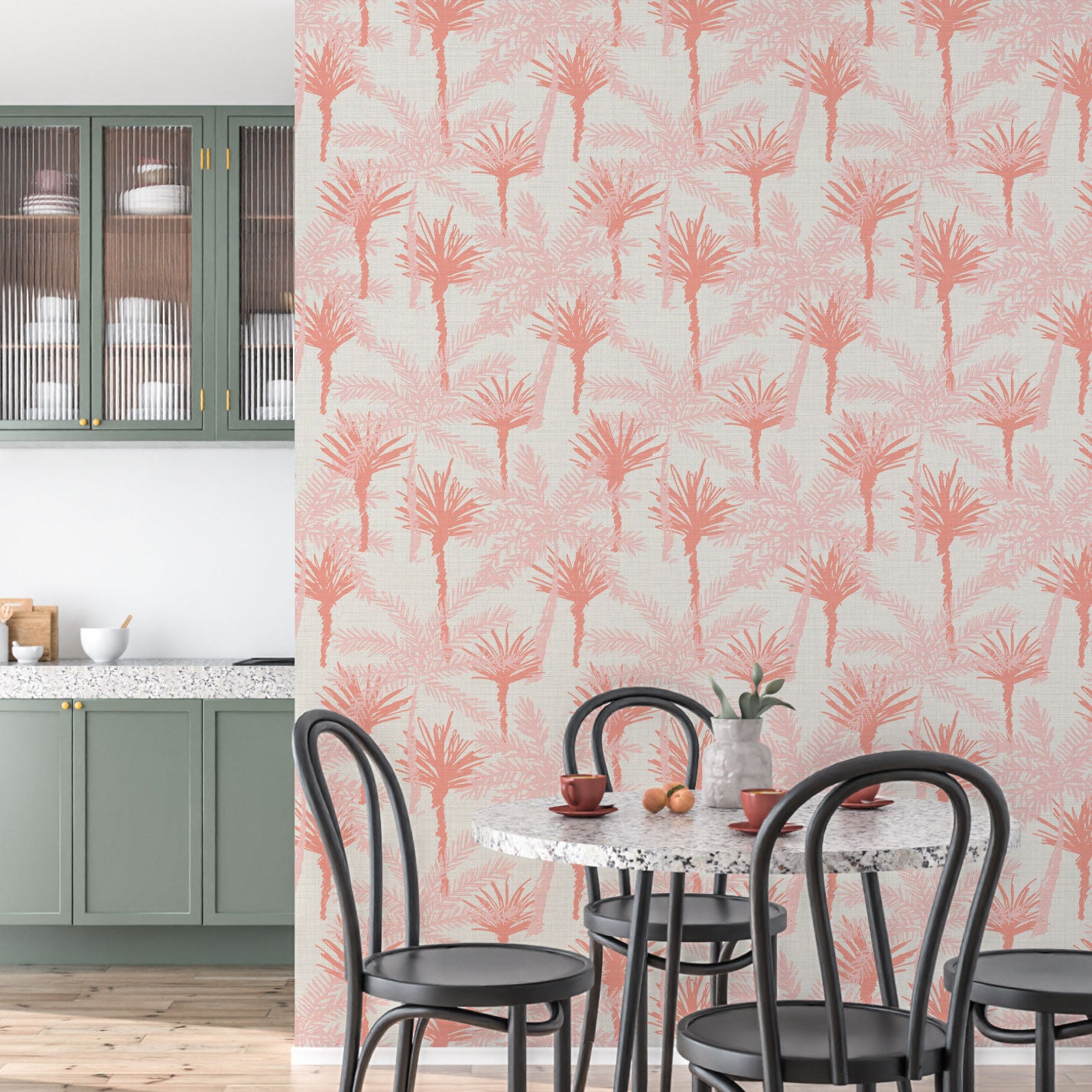 Pine Valley Palm Tree Textured Performance Vinyl Wallpaper in Strawberry Shortcake