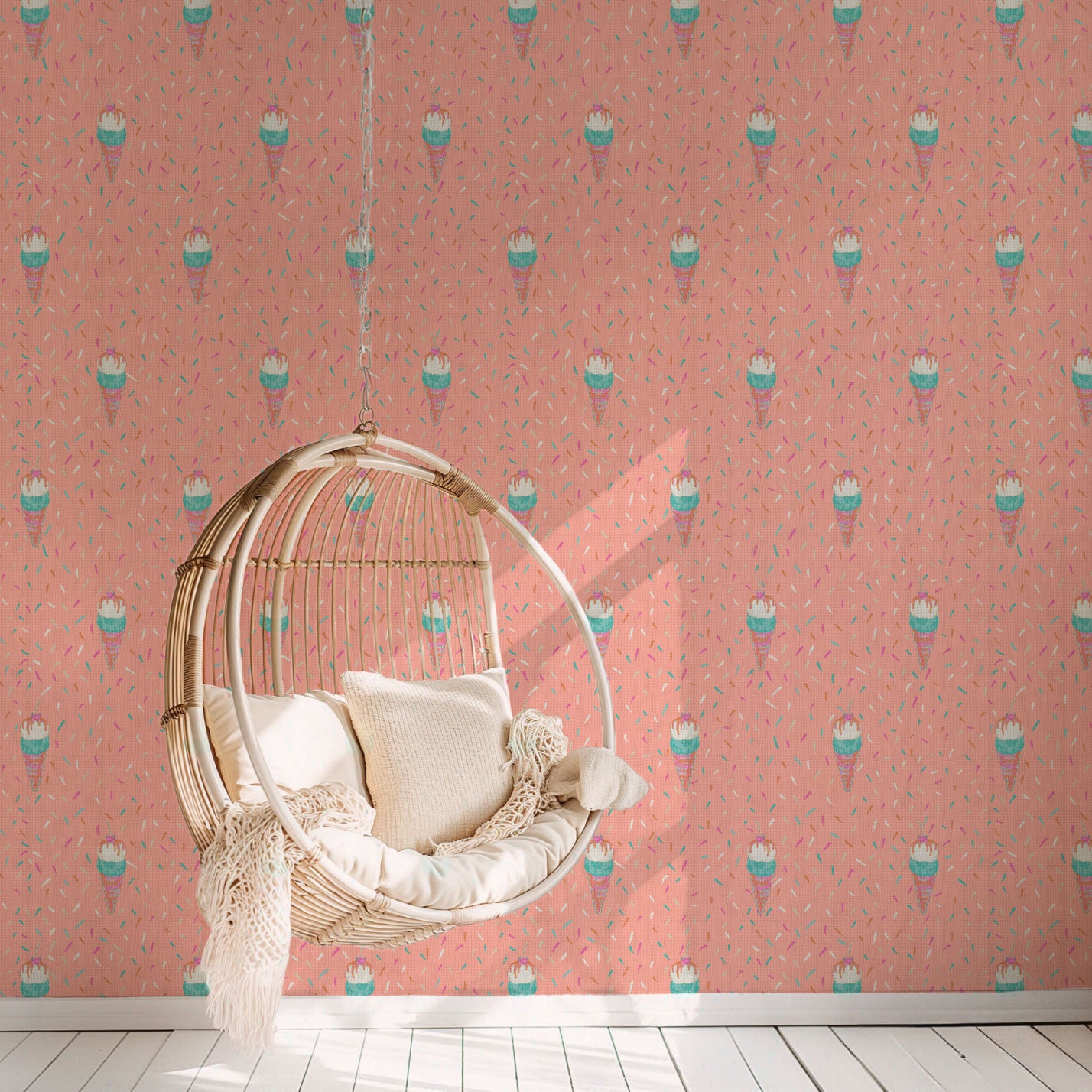 wallpaper Natural Textured Eco-Friendly Non-toxic High-quality  Sustainable Interior Design Bold Custom Tailor-made Retro chic restaurant food sundae ice cream pink sprinkles kids playroom restaurant  paper weave paperweave basketweave basket weave