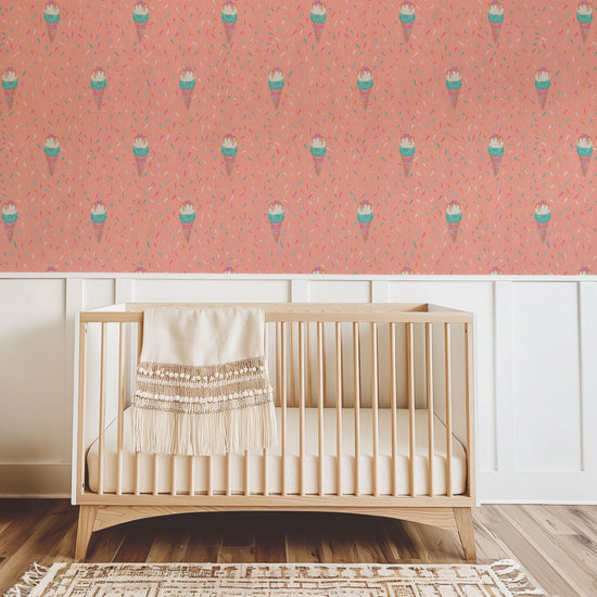 wallpaper Natural Textured Eco-Friendly Non-toxic High-quality  Sustainable Interior Design Bold Custom Tailor-made Retro chic restaurant food sundae ice cream pink sprinkles kids playroom restaurant  paper weave paperweave basketweave basket weave