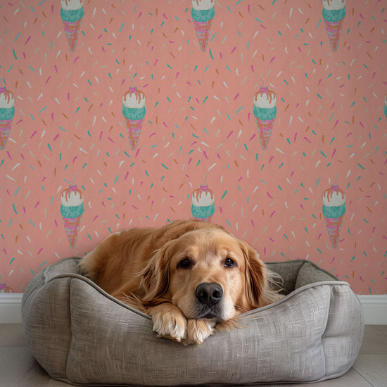 wallpaper Natural Textured Eco-Friendly Non-toxic High-quality  Sustainable Interior Design Bold Custom Tailor-made Retro chic restaurant food sundae ice cream pink sprinkles kids playroom restaurant  paper weave paperweave basketweave basket weave