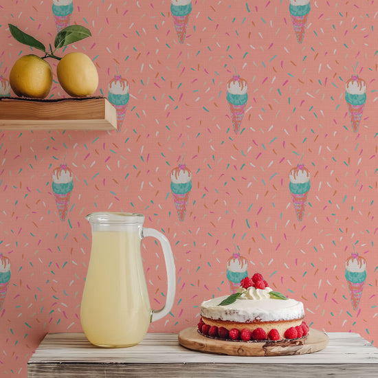 Pour Some Sugar Ice Cream Cones Textured Performance Vinyl Wallpaper in Pink Punch