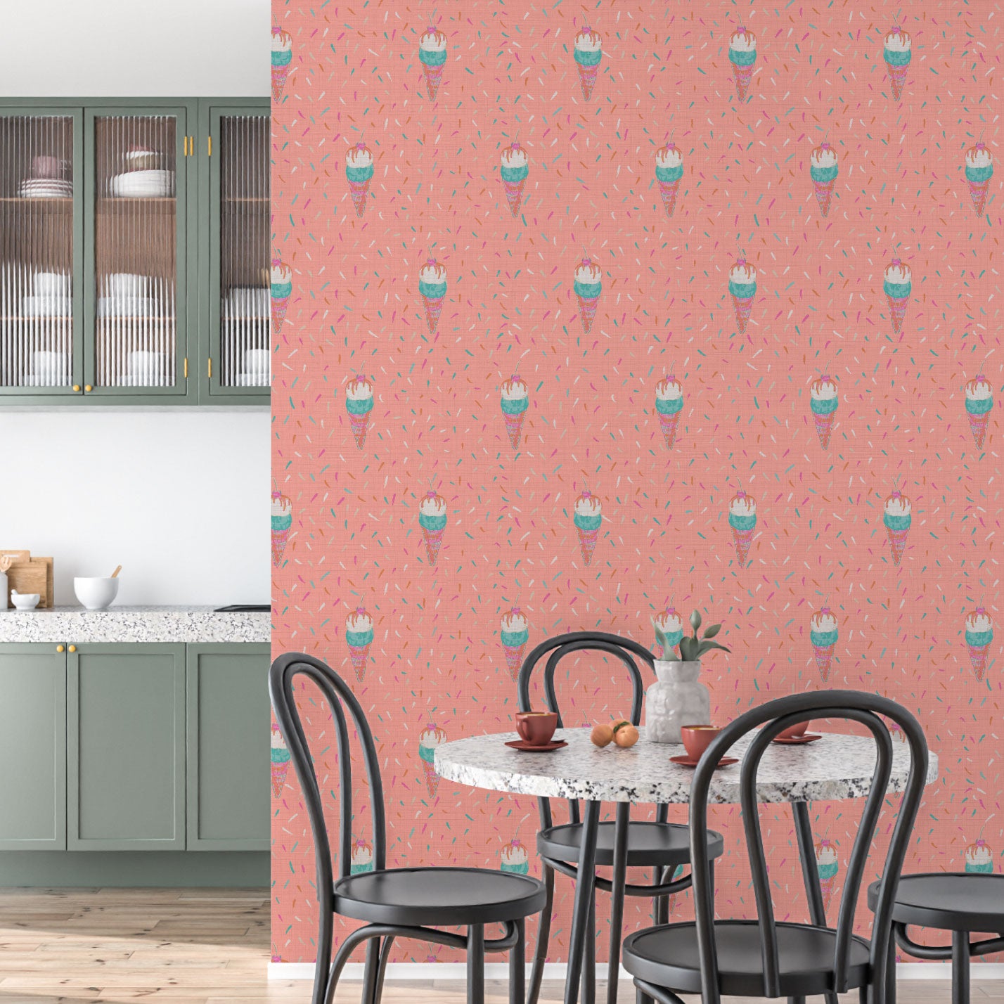 Pour Some Sugar Ice Cream Cones Textured Performance Vinyl Wallpaper in Pink Punch