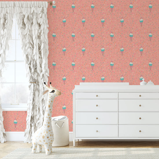 Grasscloth wallpaper Natural Textured Eco-Friendly Non-toxic High-quality  Sustainable Interior Design Bold Custom Tailor-made Retro chic restaurant food sundae ice cream pink sprinkles kids playroom restaurant nursery kids