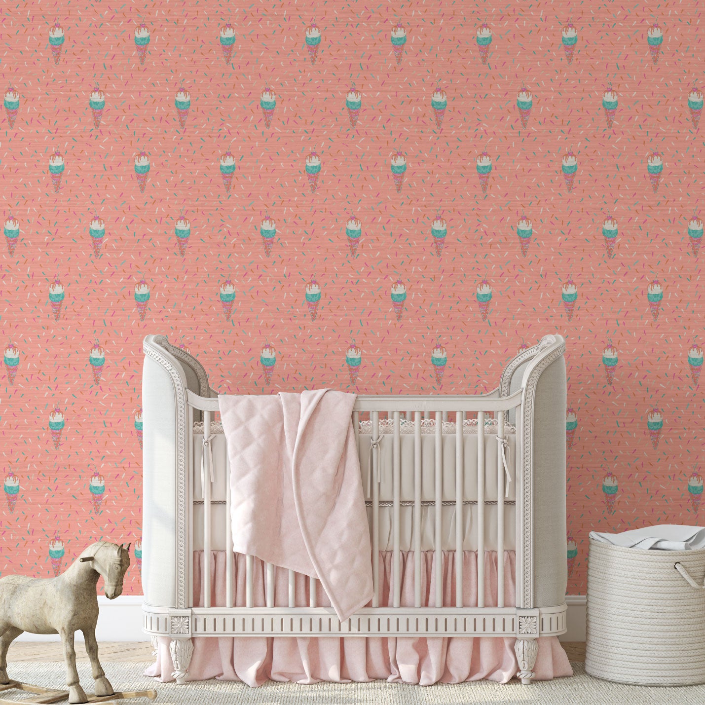 Grasscloth wallpaper Natural Textured Eco-Friendly Non-toxic High-quality  Sustainable Interior Design Bold Custom Tailor-made Retro chic restaurant food sundae ice cream pink sprinkles kids playroom restaurant 