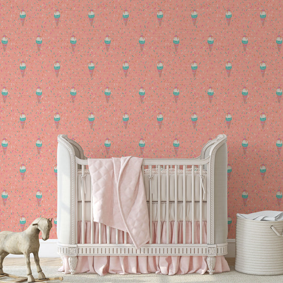 Grasscloth wallpaper Natural Textured Eco-Friendly Non-toxic High-quality  Sustainable Interior Design Bold Custom Tailor-made Retro chic restaurant food sundae ice cream pink sprinkles kids playroom restaurant 