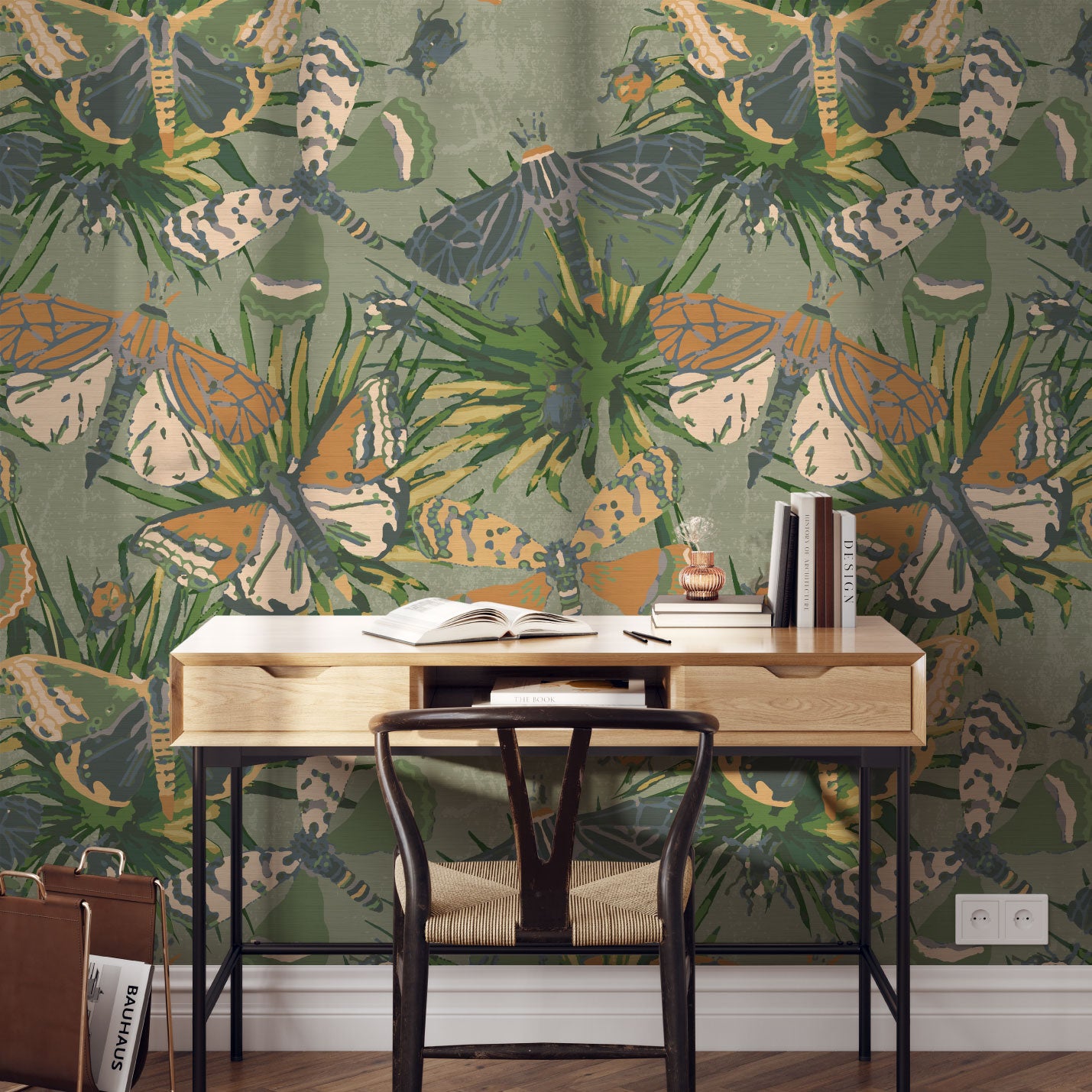 grasscloth printed wallpaper with oversized butterflies, palm leaves and mini insects overlapped in an oversized print