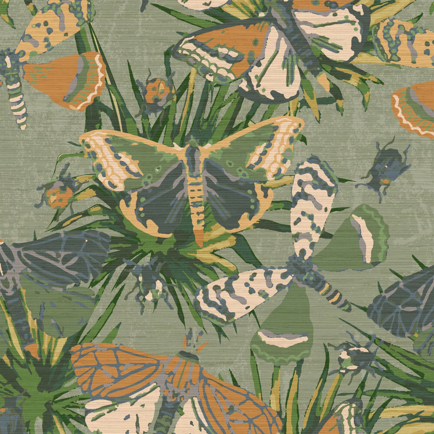 Grasscloth printed wallpaper with allover butterflies, palm leaves and mini insects overlapped in an oversized print.Grasscloth wallpaper Natural Textured Eco-Friendly Non-toxic High-quality Sustainable Interior Design Bold Custom Tailor-made Retro chic Bold tropical butterfly bug palm leaves animals botanical garden nature kids playroom bedroom nursery green moss jungle olive