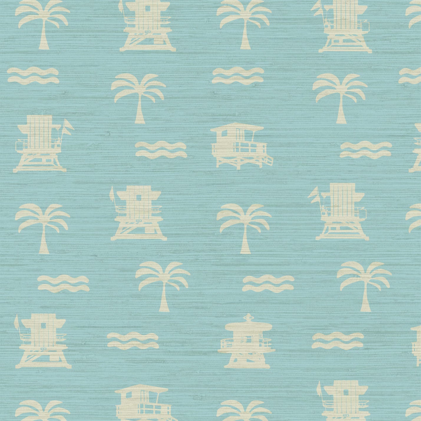 blue base grasscloth wallpaper with white print of lifeguard stands, waves and palm trees in a mini icon print