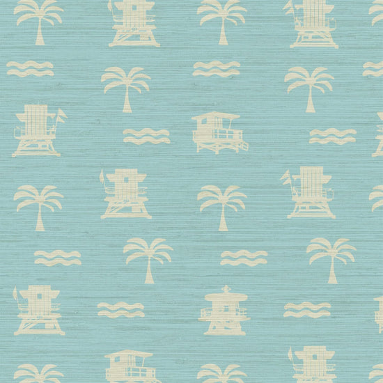 Grasscloth Natural Textured Eco-Friendly Non-toxic High-quality  Sustainable practices Sustainability Interior Design Wall covering wallpaper grid seaside coastal seashore waterfront vacation home styling retreat relaxed beach vibes beach cottage shoreline oceanfront nautical tropical ocean waves palm tree lifeguard stand mini print custom interior design beach house sky blue ocean blue light blue white