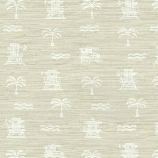 tan base grasscloth wallpaper with white print of lifeguard stands, waves and palm trees in a mini icon print
