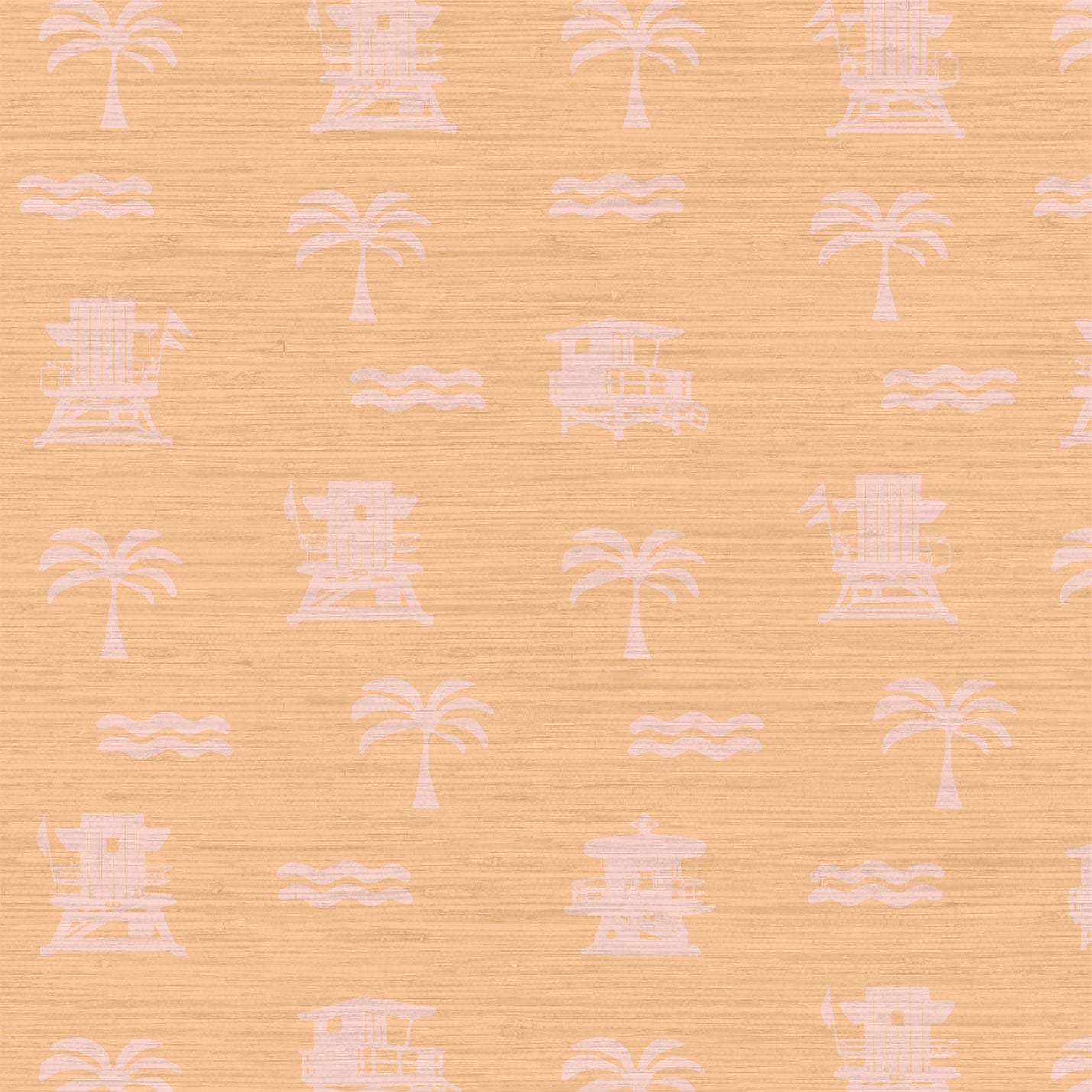 light orange/tangerine base grasscloth wallpaper with light pink print of lifeguard stands, waves and palm trees in a mini icon print