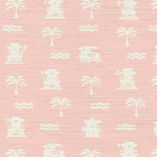 Load image into Gallery viewer, light pink base grasscloth wallpaper with white print of lifeguard stands, waves and palm trees in a mini icon print
