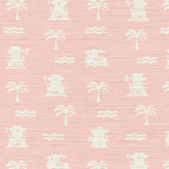 light pink base grasscloth wallpaper with white print of lifeguard stands, waves and palm trees in a mini icon print