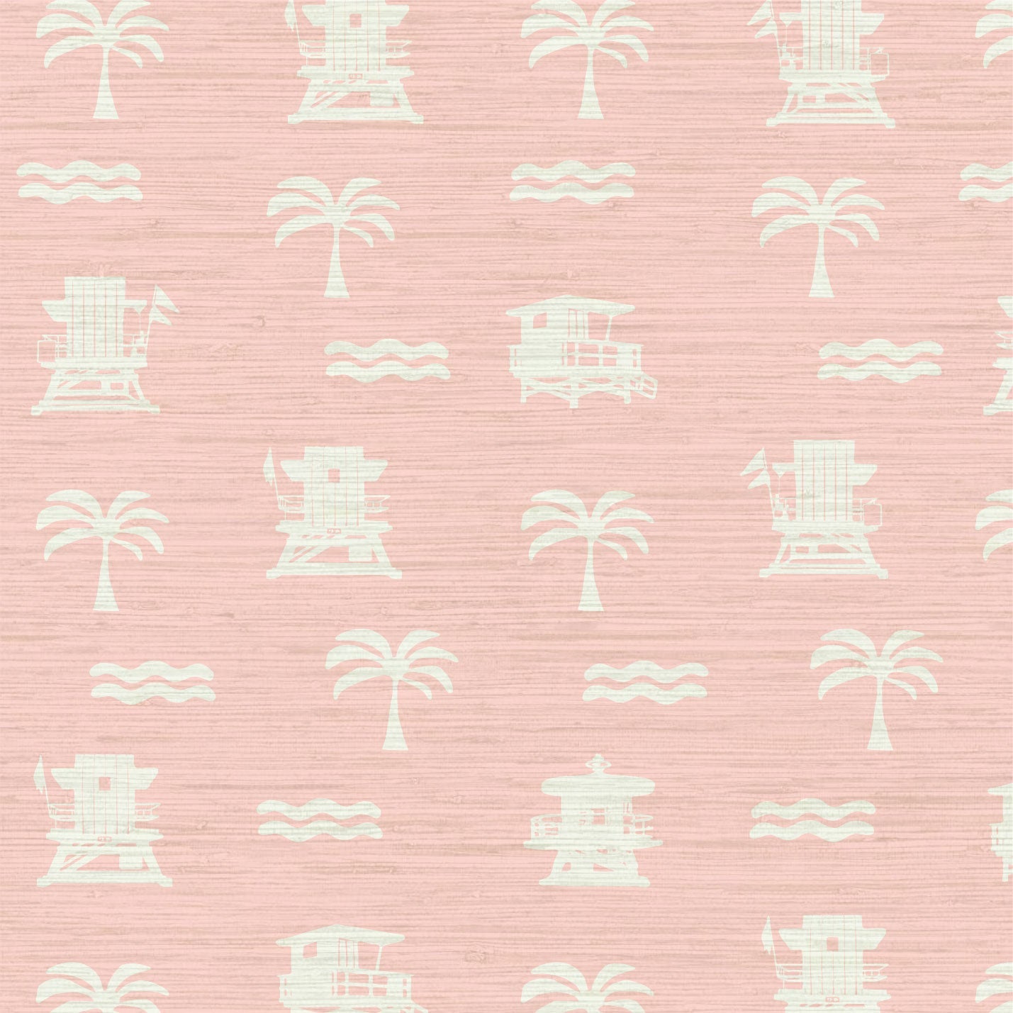 Load image into Gallery viewer, light pink base grasscloth wallpaper with white print of lifeguard stands, waves and palm trees in a mini icon print
