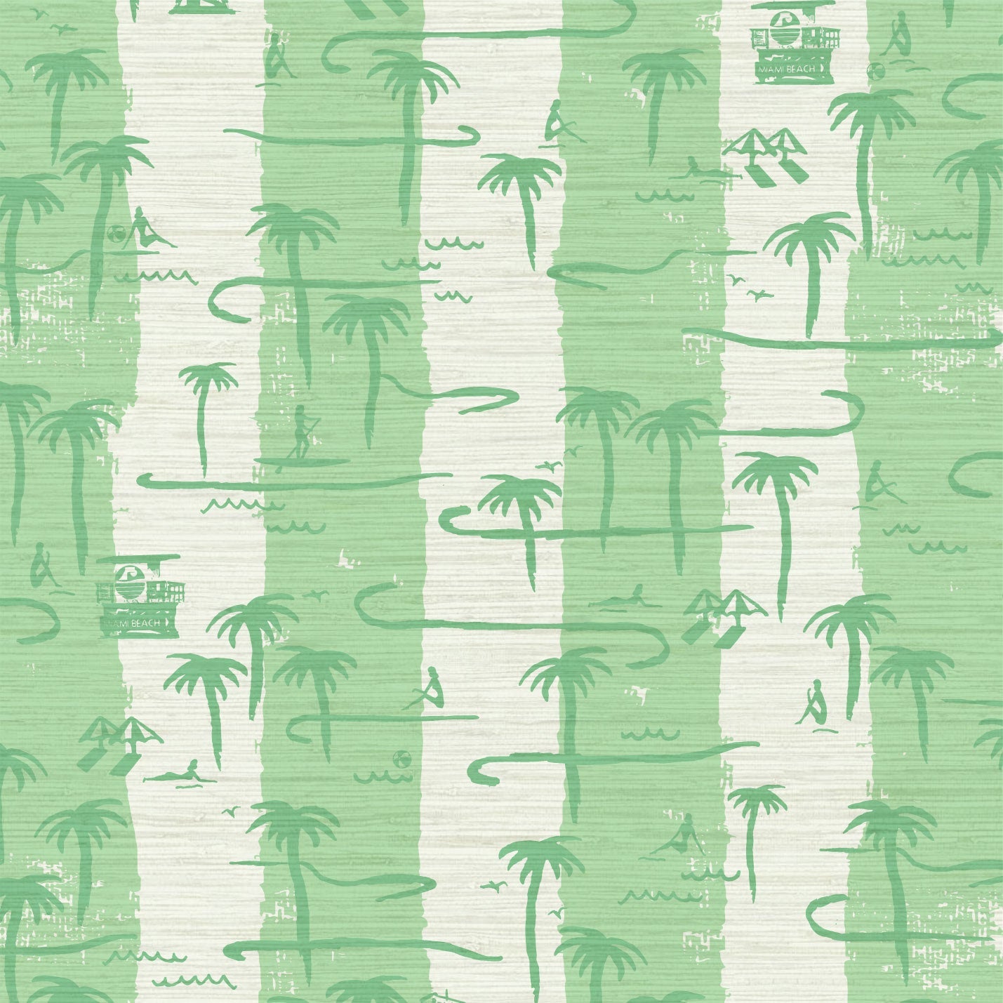 Load image into Gallery viewer, two color vertical stripe beach print featuring palm trees, beachgoers, lifeguard stands and ocean waves Grasscloth Natural Textured Eco-Friendly Non-toxic High-quality Sustainable practices Sustainability Interior Design Wall covering Bold Wallpaper Custom Tailor-made Retro chic Tropical Seaside Coastal Seashore Waterfront Vacation home styling Retreat Relaxed beach vibes Beach cottage Shoreline Oceanfront Nautical white green mint tropical jungle
