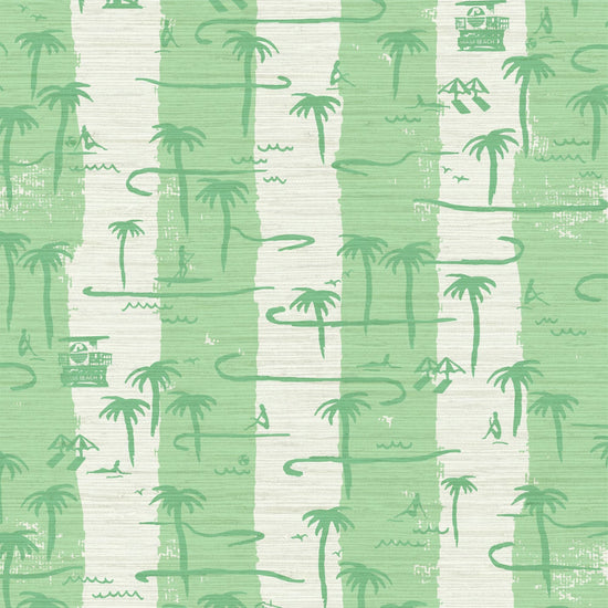 two color vertical stripe beach print featuring palm trees, beachgoers, lifeguard stands and ocean waves Grasscloth Natural Textured Eco-Friendly Non-toxic High-quality Sustainable practices Sustainability Interior Design Wall covering Bold Wallpaper Custom Tailor-made Retro chic Tropical Seaside Coastal Seashore Waterfront Vacation home styling Retreat Relaxed beach vibes Beach cottage Shoreline Oceanfront Nautical white green mint tropical jungle