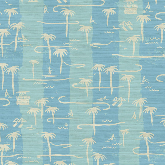 Load image into Gallery viewer, two color vertical stripe beach print featuring palm trees, beachgoers, lifeguard stands and ocean waves Grasscloth Natural Textured Eco-Friendly Non-toxic High-quality Sustainable practices Sustainability Interior Design Wall covering Bold Wallpaper Custom Tailor-made Retro chic Tropical Seaside Coastal Seashore Waterfront Vacation home styling Retreat Relaxed beach vibes Beach cottage Shoreline Oceanfront Nautical blue dusty teal sky light
