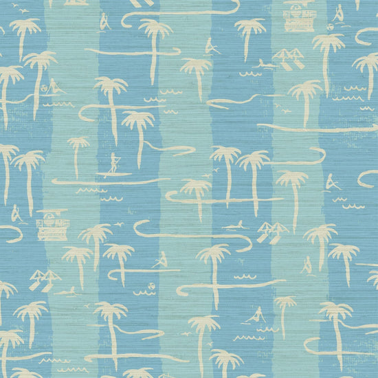 two color vertical stripe beach print featuring palm trees, beachgoers, lifeguard stands and ocean waves