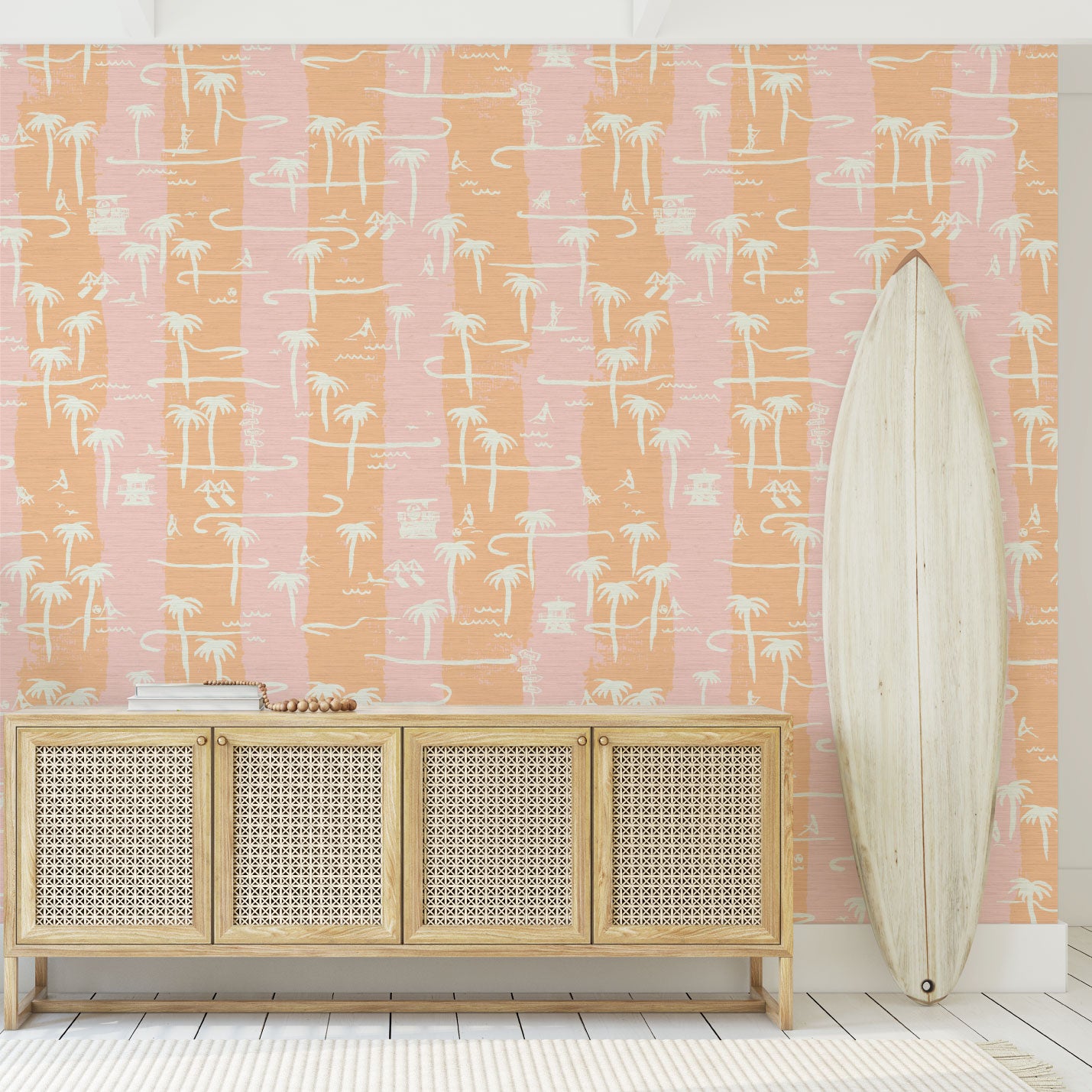 two color vertical stripe beach print featuring palm trees, beachgoers, lifeguard stands and ocean waves Grasscloth Natural Textured Eco-Friendly Non-toxic High-quality Sustainable practices Sustainability Interior Design Wall covering Bold Wallpaper Custom Tailor-made Retro chic Tropical Seaside Coastal Seashore Waterfront Vacation home styling Retreat Relaxed beach vibes Beach cottage Shoreline Oceanfront Nautical pink baby orange sunset tangerine coral living room entrance foyer surf surfboard