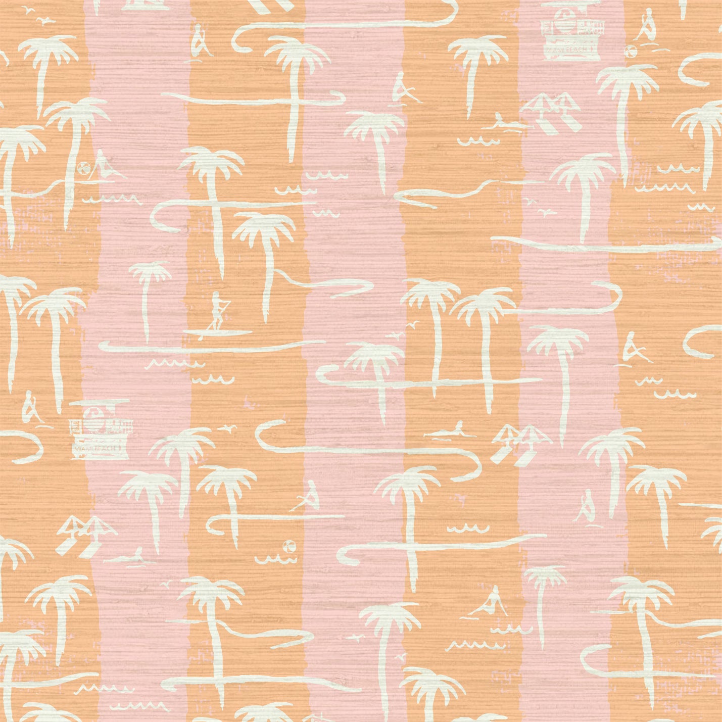 Load image into Gallery viewer, two color vertical stripe beach print featuring palm trees, beachgoers, lifeguard stands and ocean waves Grasscloth Natural Textured Eco-Friendly Non-toxic High-quality  Sustainable practices Sustainability Interior Design Wall covering Bold Wallpaper Custom Tailor-made Retro chic Tropical  Seaside Coastal Seashore Waterfront Vacation home styling Retreat Relaxed beach vibes Beach cottage Shoreline Oceanfront Nautical pink baby orange sunset tangerine coral
