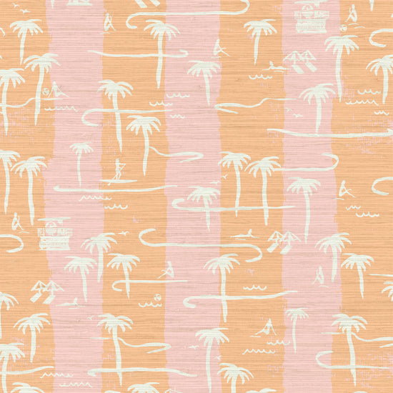 two color vertical stripe beach print featuring palm trees, beachgoers, lifeguard stands and ocean waves