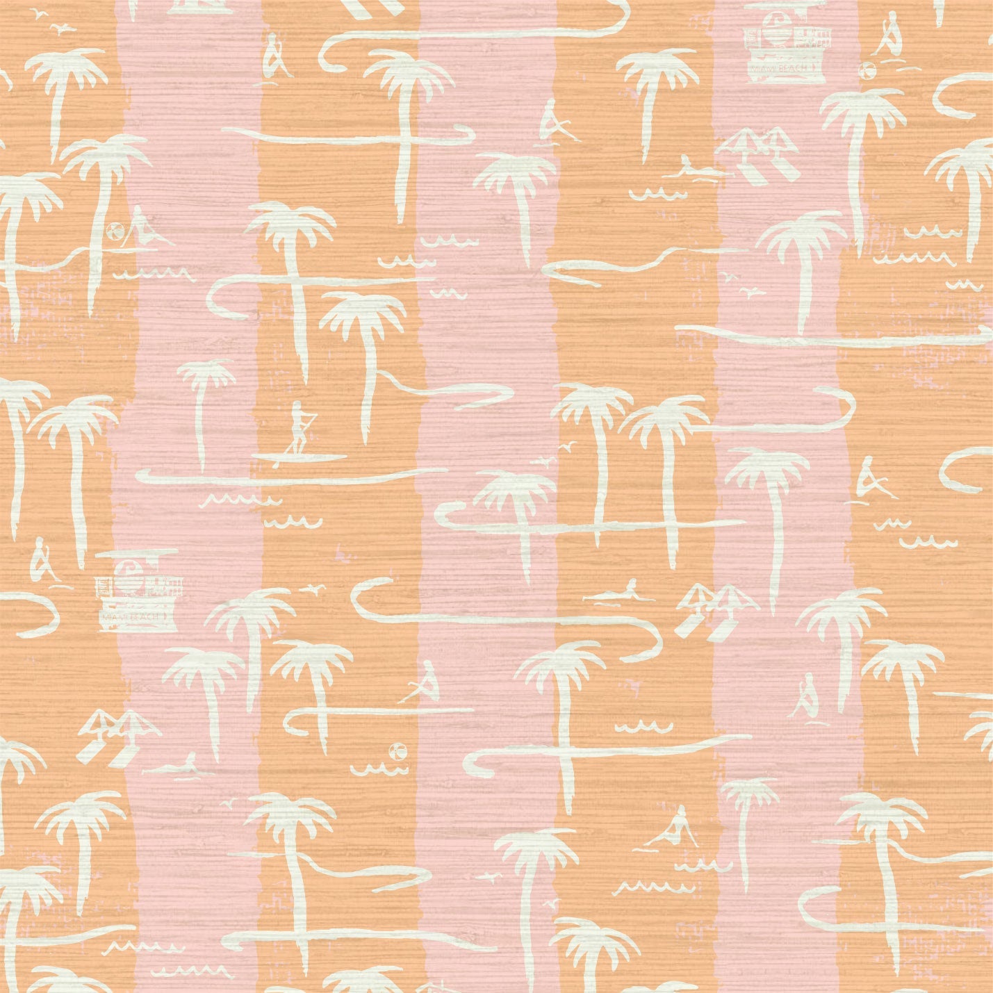 two color vertical stripe beach print featuring palm trees, beachgoers, lifeguard stands and ocean waves Grasscloth Natural Textured Eco-Friendly Non-toxic High-quality Sustainable practices Sustainability Interior Design Wall covering Bold Wallpaper Custom Tailor-made Retro chic Tropical Seaside Coastal Seashore Waterfront Vacation home styling Retreat Relaxed beach vibes Beach cottage Shoreline Oceanfront Nautical pink baby orange sunset tangerine coral