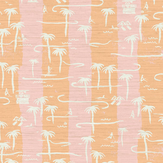 two color vertical stripe beach print featuring palm trees, beachgoers, lifeguard stands and ocean waves Grasscloth Natural Textured Eco-Friendly Non-toxic High-quality Sustainable practices Sustainability Interior Design Wall covering Bold Wallpaper Custom Tailor-made Retro chic Tropical Seaside Coastal Seashore Waterfront Vacation home styling Retreat Relaxed beach vibes Beach cottage Shoreline Oceanfront Nautical pink baby orange sunset tangerine coral