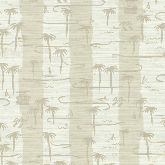 Load image into Gallery viewer, two color vertical stripe beach print featuring palm trees, beachgoers, lifeguard stands and ocean waves Grasscloth Natural Textured Eco-Friendly Non-toxic High-quality  Sustainable practices Sustainability Interior Design Wall covering Bold Wallpaper Custom Tailor-made Retro chic Tropical  Seaside Coastal Seashore Waterfront Vacation home styling Retreat Relaxed beach vibes Beach cottage Shoreline Oceanfront Nautical white tan sand cream offwhite sand
