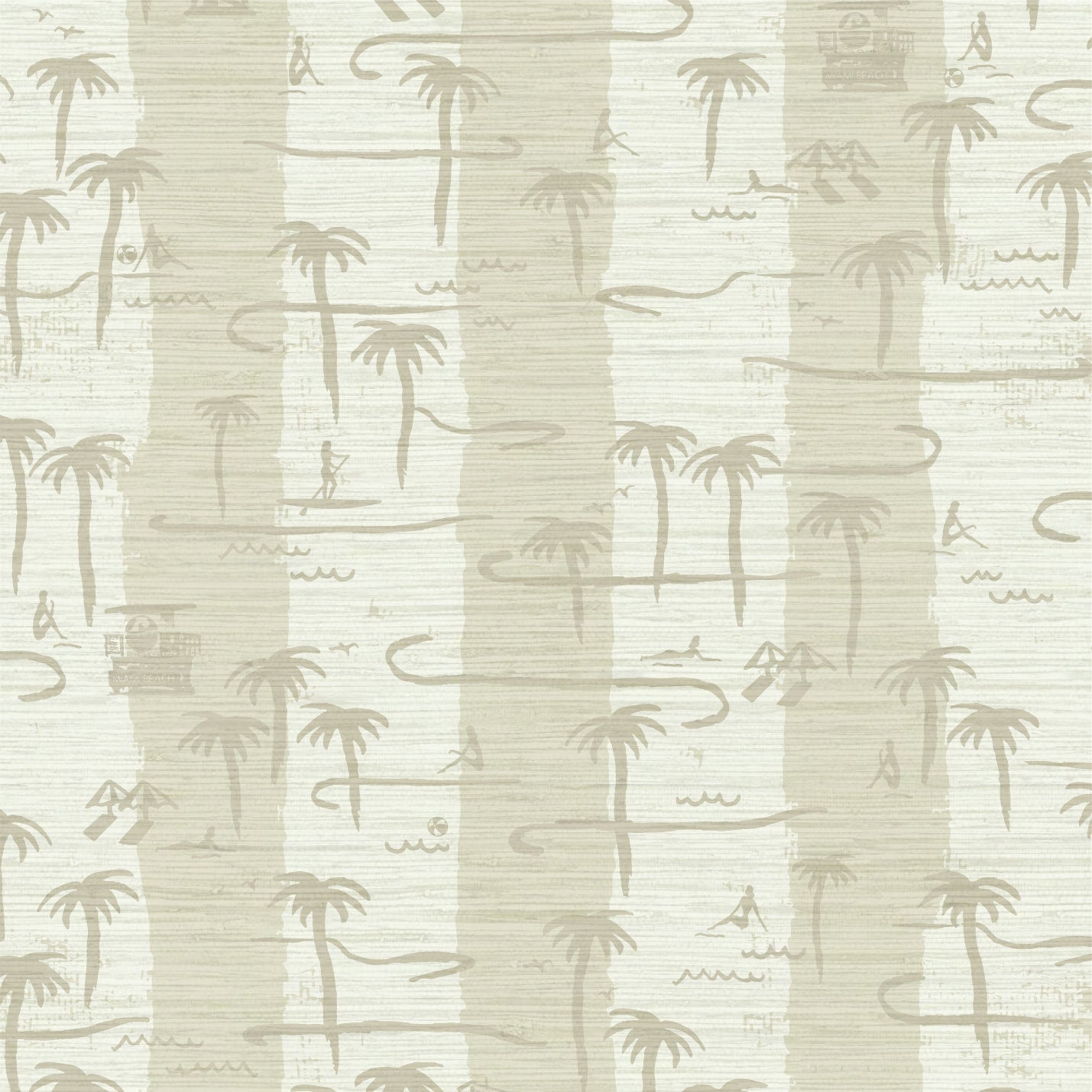 two color vertical stripe beach print featuring palm trees, beachgoers, lifeguard stands and ocean waves Grasscloth Natural Textured Eco-Friendly Non-toxic High-quality Sustainable practices Sustainability Interior Design Wall covering Bold Wallpaper Custom Tailor-made Retro chic Tropical Seaside Coastal Seashore Waterfront Vacation home styling Retreat Relaxed beach vibes Beach cottage Shoreline Oceanfront Nautical white tan sand cream offwhite sand