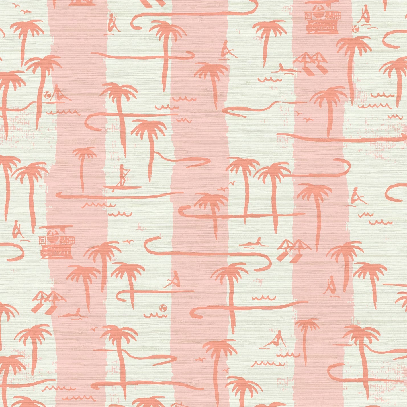 two color vertical stripe beach print featuring palm trees, beachgoers, lifeguard stands and ocean waves Grasscloth Natural Textured Eco-Friendly Non-toxic High-quality Sustainable practices Sustainability Interior Design Wall covering Bold Wallpaper Custom Tailor-made Retro chic Tropical Seaside Coastal Seashore Waterfront Vacation home styling Retreat Relaxed beach vibes Beach cottage Shoreline Oceanfront Nautical white pink baby light coral dark pink red