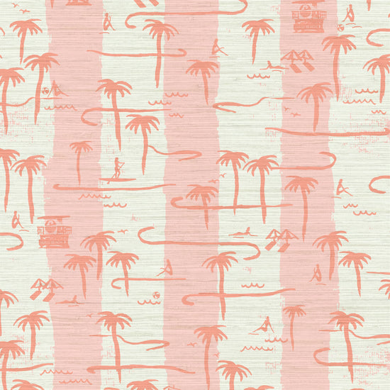 Load image into Gallery viewer, two color vertical stripe beach print featuring palm trees, beachgoers, lifeguard stands and ocean waves Grasscloth Natural Textured Eco-Friendly Non-toxic High-quality  Sustainable practices Sustainability Interior Design Wall covering Bold Wallpaper Custom Tailor-made Retro chic Tropical  Seaside Coastal Seashore Waterfront Vacation home styling Retreat Relaxed beach vibes Beach cottage Shoreline Oceanfront Nautical white pink baby light coral dark pink red
