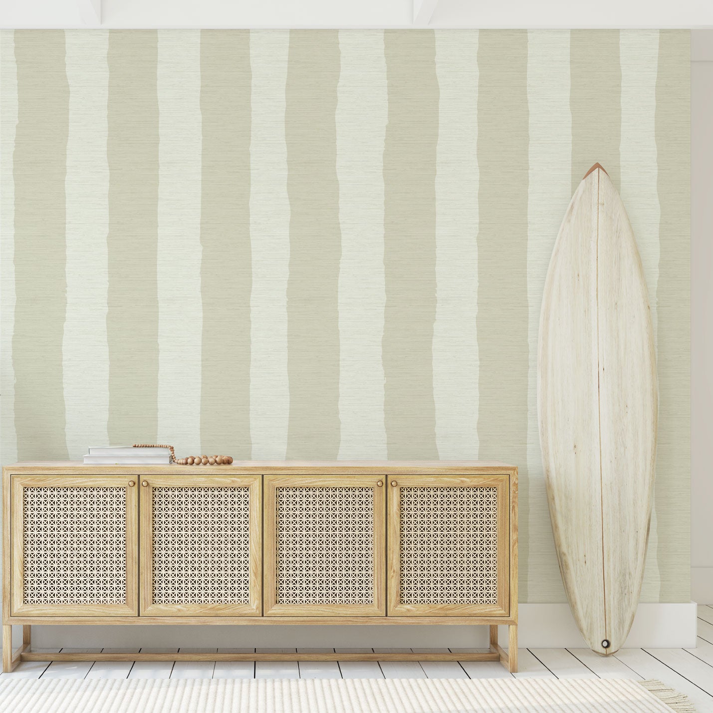 Grasscloth wallpaper Natural Textured Eco-Friendly Non-toxic High-quality  Sustainable Interior Design Bold Custom Tailor-made Retro chic Tropical Jungle Coastal preppy Garden Seaside Coastal Seashore Waterfront Vacation home styling Retreat Relaxed beach vibes Beach cottage Shoreline Oceanfront Nautical wide vertical stripe cabana white cream neutral off-white sand tan beige credenza foyer surf shack entrance 