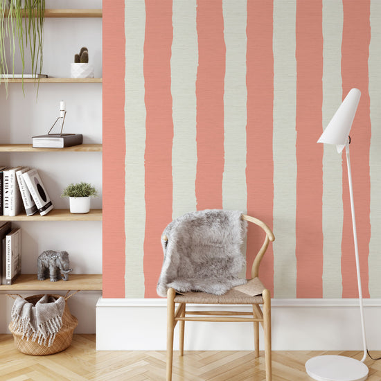 Classic wide 2 color stripe back to white hand painted lines printed on grasscloth wallpaper