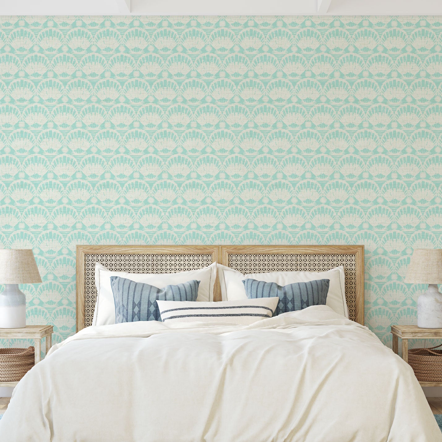 printed grasscloth wallpaper in a 2 color stamped seashell print arranged in a linear horizontal pattern